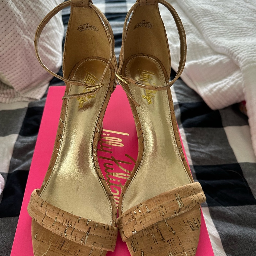 Lilly Pulitzer Tan Heels with Cork Texture Jenna Wedge
